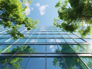 A tall building with a lot of windows and trees in the background