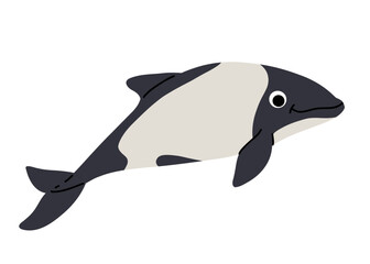 Vector cartoon illustrations of commerson dolphin on a white background. Flat cute icon of dolphin. Underwater world, ocean, underwater inhabitants.