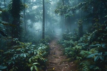 Fototapeta premium A misty path winding through a dense, lush forest with vibrant greenery, creating a serene and mysterious atmosphere.