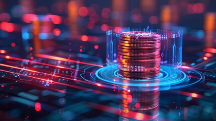 Futuristic digital cryptocurrency concept with glowing coins on a technology background, showcasing blockchain and financial technology.