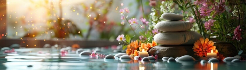 Serene spa scene with stacked stones, flowers, and candles by a tranquil water pool, perfect for relaxation and wellness concepts.