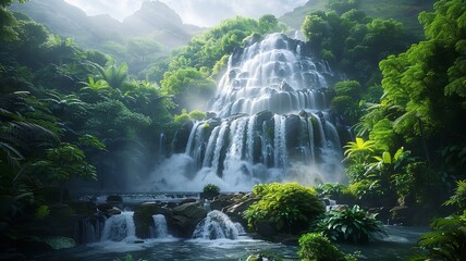 Stunning waterfall cascading through a lush green jungle, creating a serene natural scene with mist and radiant sunlight.