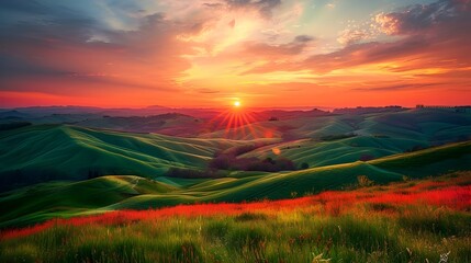 Captivating Landscape of Rolling Hills at Dazzling Sunset