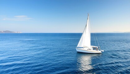 Obraz premium A single white sailboat drifting on a calm sea, with an expansive horizon and clear, empty sky. 2