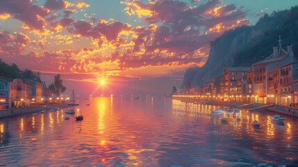 Fototapeta premium Vibrant Seaside Town at Sunset Reflecting on Calm Waters