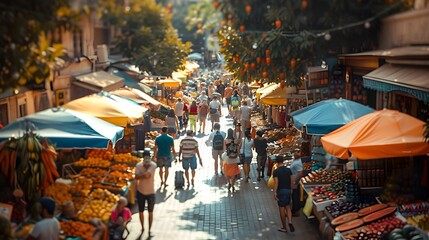 Obraz premium Vibrant Outdoor Market Bustling with Activity on a Sunny Summer Day