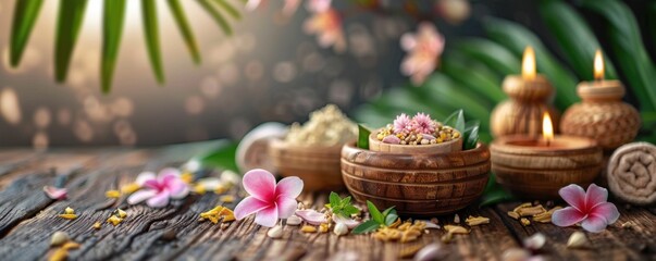 Spa setting with candles, flowers, and natural ingredients in wooden bowls, creating a peaceful and relaxing atmosphere for wellness.