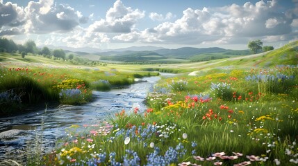 Idyllic Countryside Landscape with Meandering Stream and Blooming Wildflowers