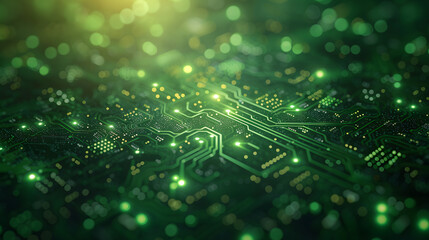 Circuit board with green lights and bokeh symbolizes innovation in electronics and connectivity