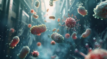 A digital rendering of airborne bacteria particles circulating in a room to convey the importance of air cleanliness Depict the particles realistically to raise awareness about respiratory risks