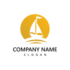 Sail Boat Ship and sea wave for Ocean Sailing Adventure Travel Trip Transportation logo