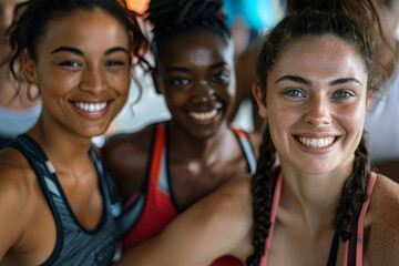Fototapeta premium Group of diverse friends in sportswear, celebrating their active and healthy lifestyle, promoting fitness and social connections