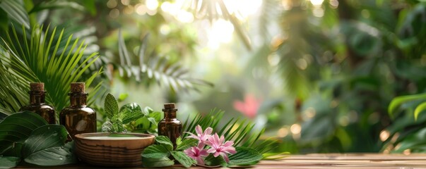Serene spa setup in lush tropical garden. Relaxing environment with essential oils, flowers, and green leaves under warm sunlight.