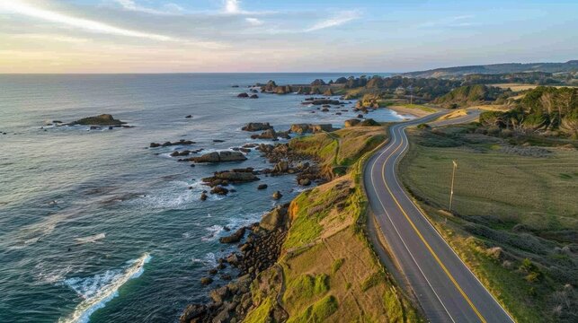 A picturesque drive along the coast offers stunning views of the expansive ocean and its neverending horizon. The road hugs the rugged . AI generation.