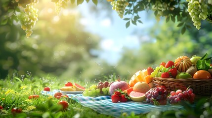 Vibrant Summer Picnic Scene with Assorted Fruits and Vegetables on Lush Green Meadow