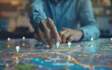 Businessman searching for location on map and pin Businessman searching for location on map and pin