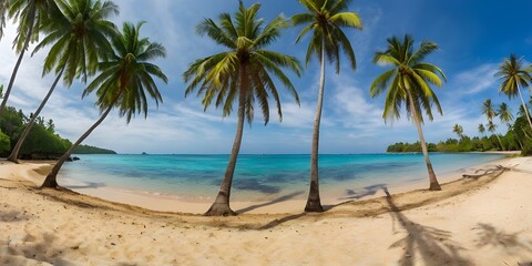 panorama of tropical beach with coconut palm trees.