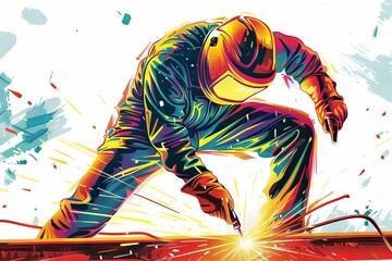 Dynamic Welding Professional in Vibrant Protective Gear Creating Sparks in Colorful Artistic Illustration