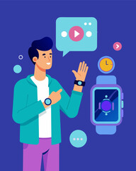 The virtual assistant in his smart watch seamlessly integrated into his mind directing his every move and decision.. Vector illustration