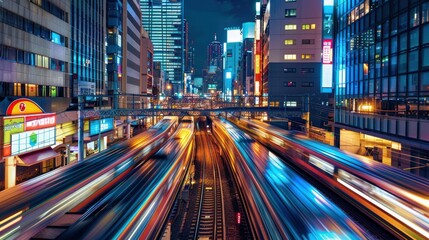 Fototapeta premium Connected Autonomous Vehicles Driving Through a Modern City, To convey the concept of advanced and connected transportation technology in urban life,