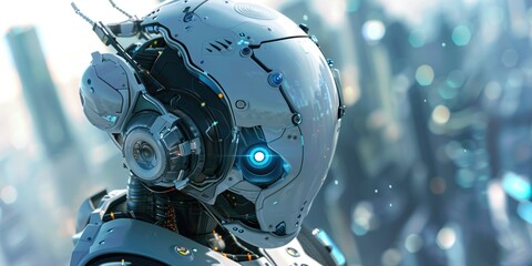 Fototapeta premium A robot with blue eyes and a white helmet is standing in front of a city