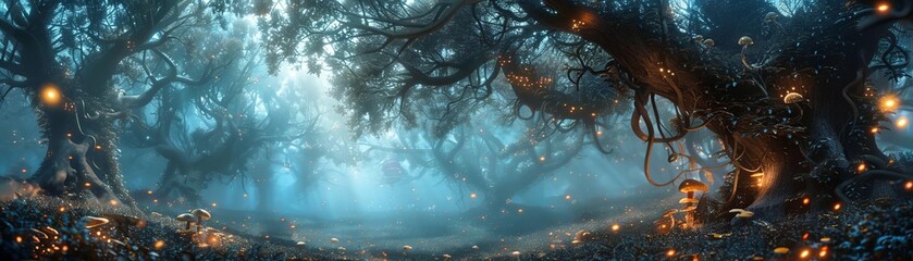 A mystical forest scene with twisting vines, glowing mushrooms, and ethereal fireflies in a Low-angle view