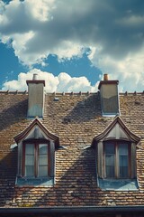 Obraz premium The roof of a house has two chimneys and two windows