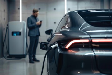 A businessman promotes sustainable transportation with an electric vehicle being charged in a modern garage, showcasing ecofriendly technology. It represents the future of mobility