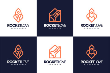 Set Of Rocket Love Logo Design Vector Line Art Illustration Inspiration