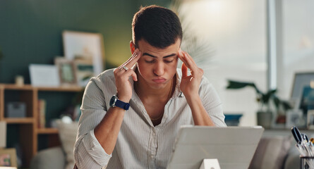 Stress headache, anxiety and businessman with tablet for internet error, project mistake and...