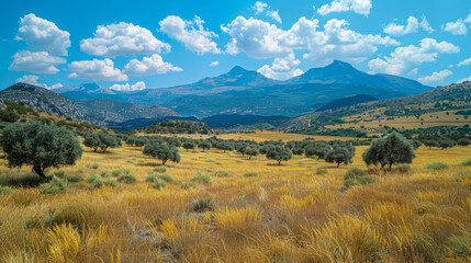 Fototapeta premium Serene Landscape of Wild Olive Groves with Majestic Mountains