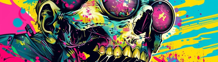 Obraz premium Vibrant psychedelic skull art with bright colors and chaotic elements, showcasing a unique blend of modern and retro aesthetics.