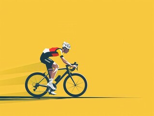 Naklejka premium Illustration of a cyclist in racing gear, riding a bicycle against a bright yellow background, depicting speed and athleticism. 