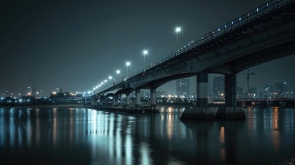 A bridge over a river at night with lights shining on it
