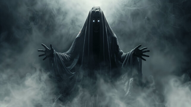 creepy zombie evil spirit with arms out in dark fog background