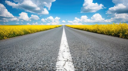 Naklejka premium Highway With White Markings, Flanked By Rapeseed Fields On A Clear Sunny Day With A Blue Sky