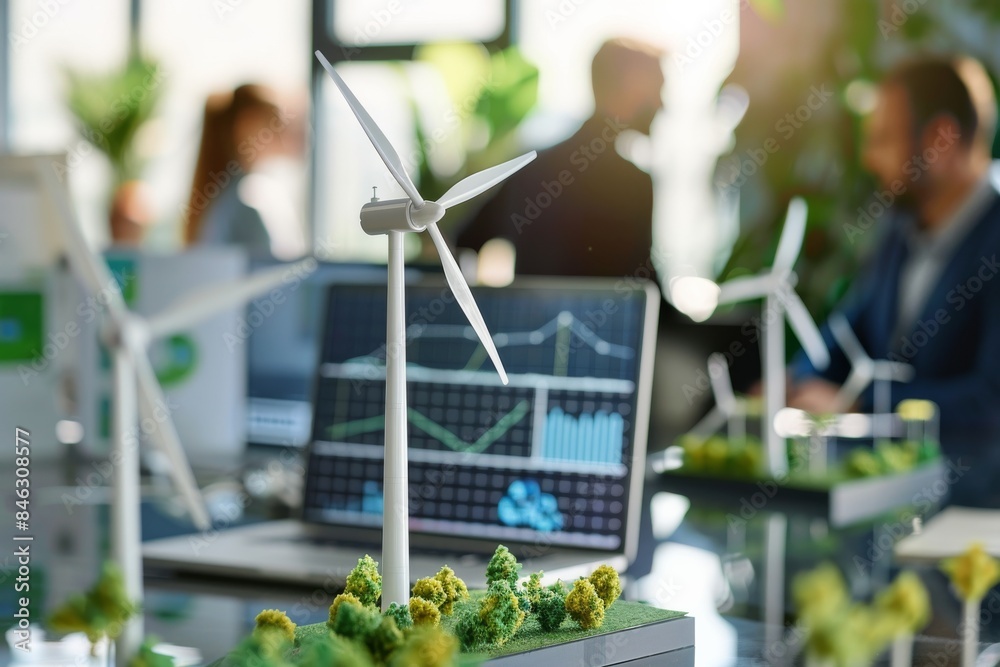 Poster engaging in an office discussion on sustainable energy solutions with wind turbine models is a produ