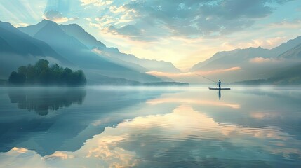 The beautiful landscape featured a serene lake with crystal blue water, surrounded by a lush green forest, providing a stunning nature view perfect for summer travel, with trees reflecting in the calm