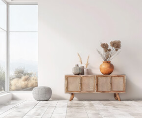 Elegant modern sideboard next to a window in a room bathed with natural lighting. Home interior composition in warm tones.