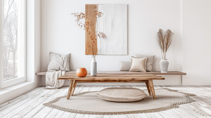 Obraz premium Elegant modern sideboard next to a window in a room bathed with natural lighting. Home interior composition in warm tones.