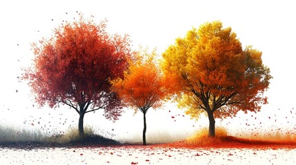 Three trees with vibrant autumn foliage in shades of red.