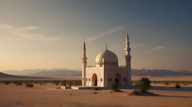 a high fantasy mysterious small abandoned mosque in a barren desert, stuning art.generative ai