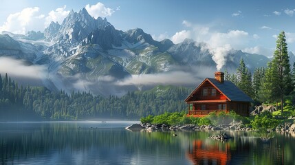 Fototapeta premium The beautiful landscape featured a serene lake with crystal blue water, surrounded by a lush green forest, providing a stunning nature view perfect for summer travel, with trees reflecting in the calm