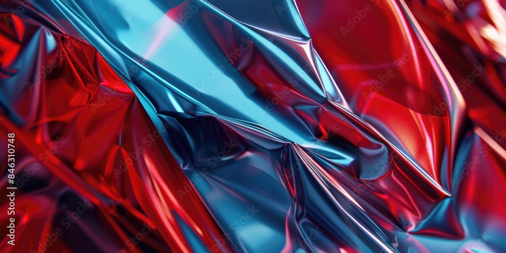 Poster A piece of shiny, metallic fabric with a red and blue pattern