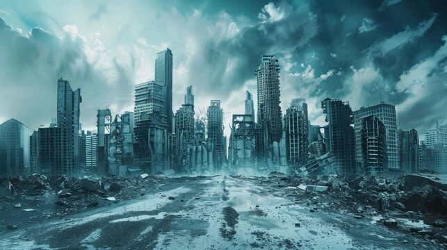 A haunting post-apocalyptic cityscape with crumbling skyscrapers under a cloudy sky, depicting destruction and abandonment.