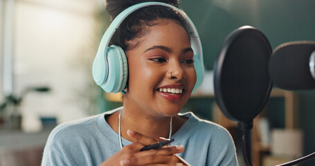 Podcast microphone, headphones and black woman speaking for broadcast with audio recording and...