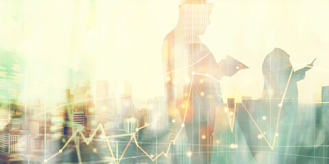 Silhouette of a businessman observing rising financial graphs with a city skyline in the background, symbolizing economic growth.
