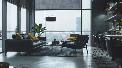 Fototapeta premium A modern condo interior with sleek furniture and contemporary decor, captured in HD