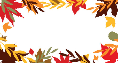 Autumn background with leaves of different shapes. Illustration design for business presentations, poster, flyer, print. Horizontal frame. Thanksgiving Day. Blank template.