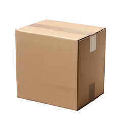 Closed cardboard box with tape and recycle symbol , isolated on white, PNG, cutout, or clipping path. Packaging and shipping concept for design and print.
